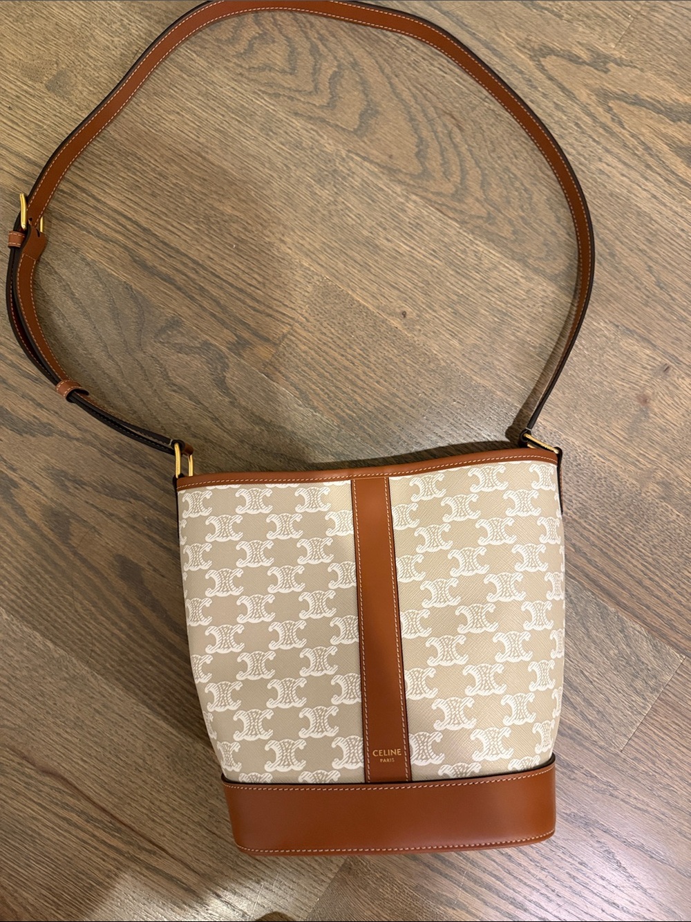Celine Beige & Tan Monogram Canvas Bucket Shoulder Bag